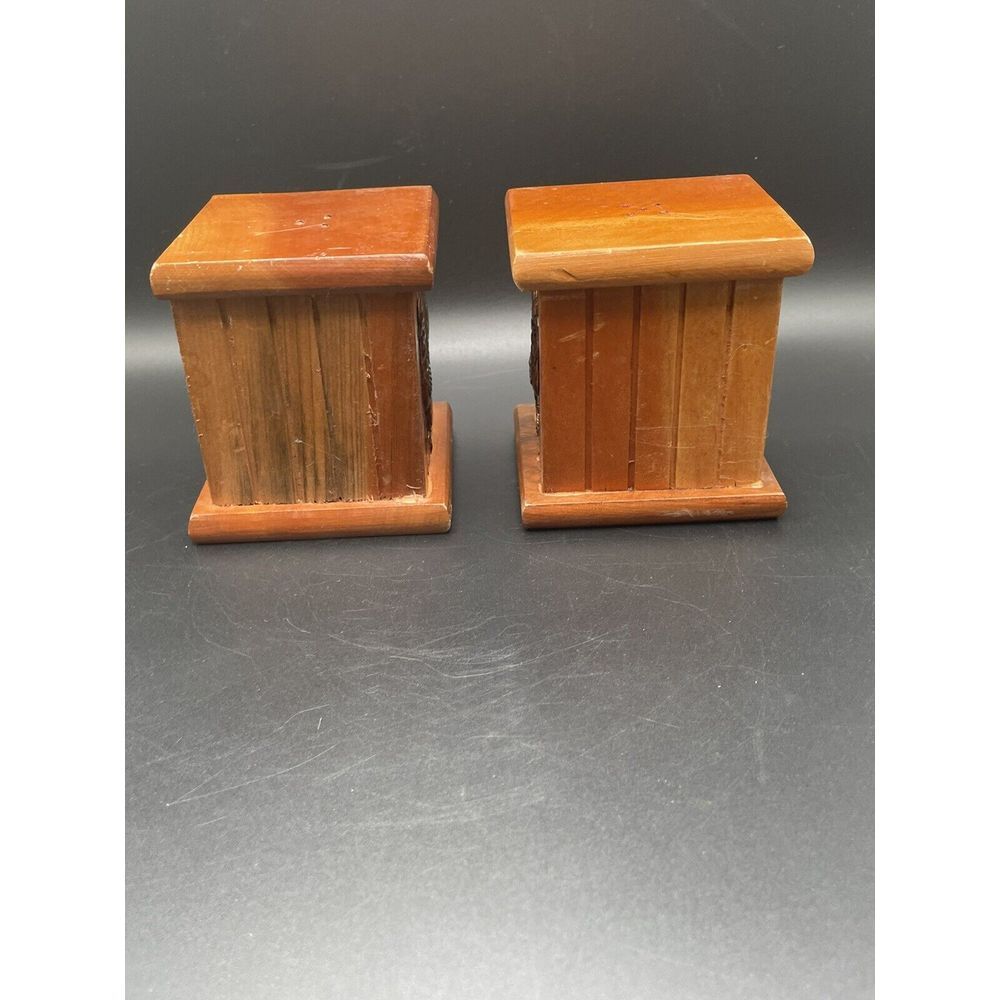 Vintage Wooden Rooster Salt & Pepper Shakers Copper Rooster‎ on Wood Block - Picture 2 of 6